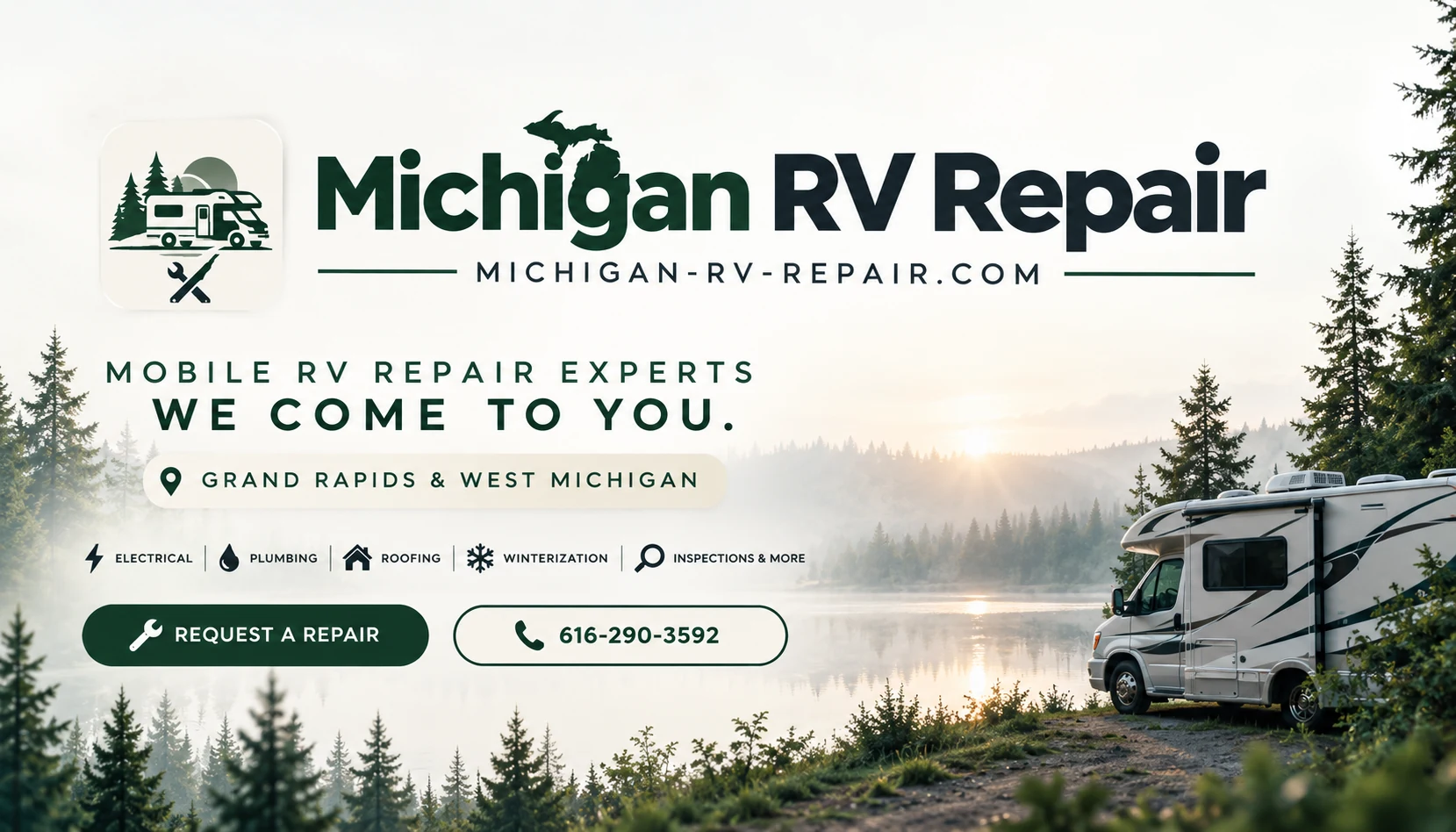 Michigan RV Repair branded lakeside RV scene with evergreen trees and motorhome