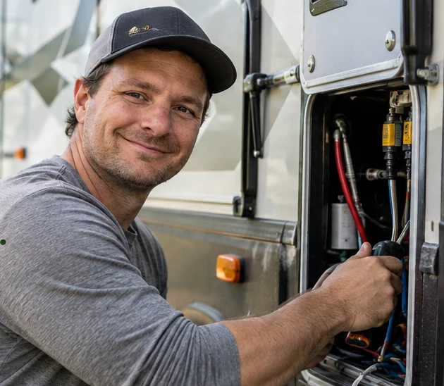 Illustrative scene of the Michigan RV Repair owner servicing an RV utility compartment