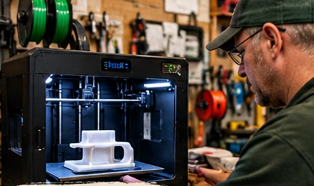 Illustrative 3D printer creating a part for an older camper