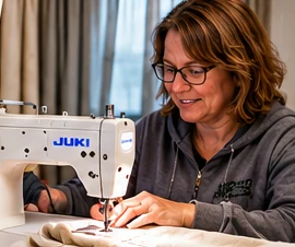 Illustrative seamstress sewing custom curtains and RV fabric